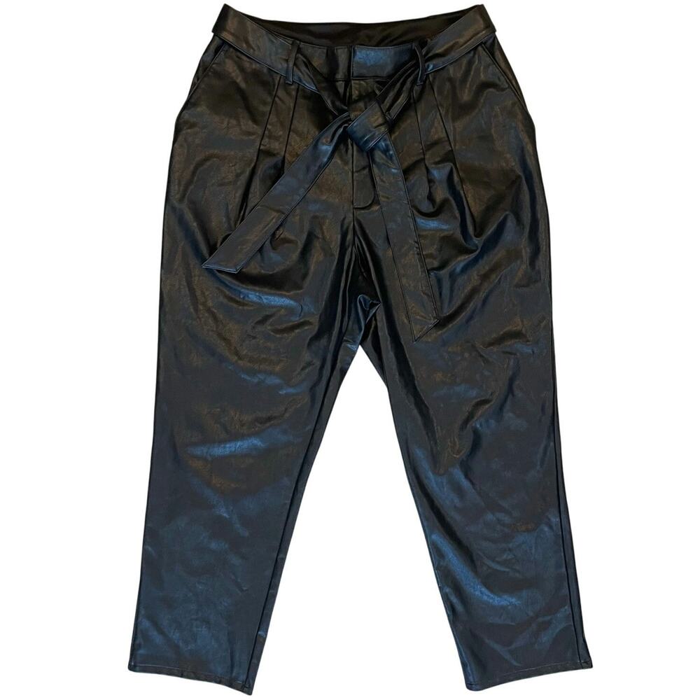 Express Pants Women M NWT Black Faux Leather Tie Belt Paperbag Waist Tapered